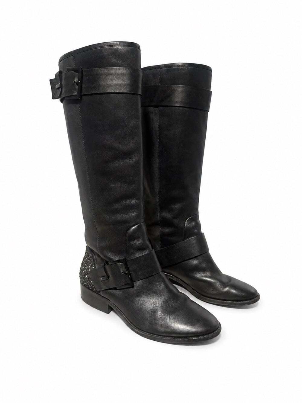 Brian Atwood black leather riding boots size 7.5 crystal heel buckle - Picture 3 of 6